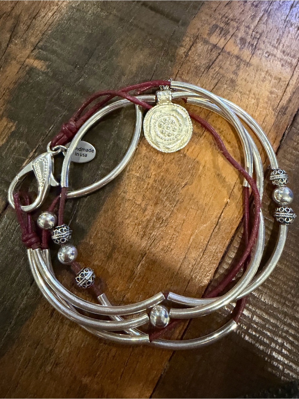 Lizzy James Silver-Tone Tube & Burgundy Multi-Strand Wrap Bracelet